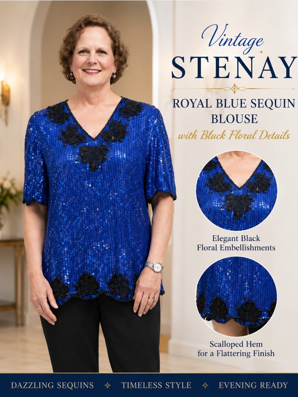 Vintage Stenay Royal Blue Sequin Blouse with Black Floral Details